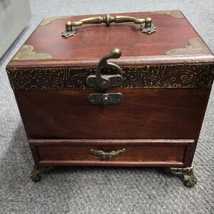 Vintage Wooden Jewelry Box with Brass Accents